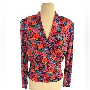 Catherine Malandrino Women’s top blouse blue floral print v neck long sleeve L